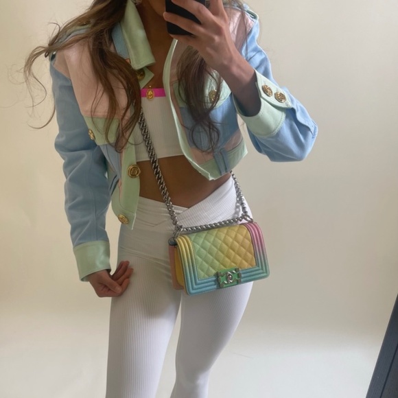 Balmain Multicolor Pastel Crop Blue Pink Seafoam Green Button Jacket Denim - Picture 1 of 11